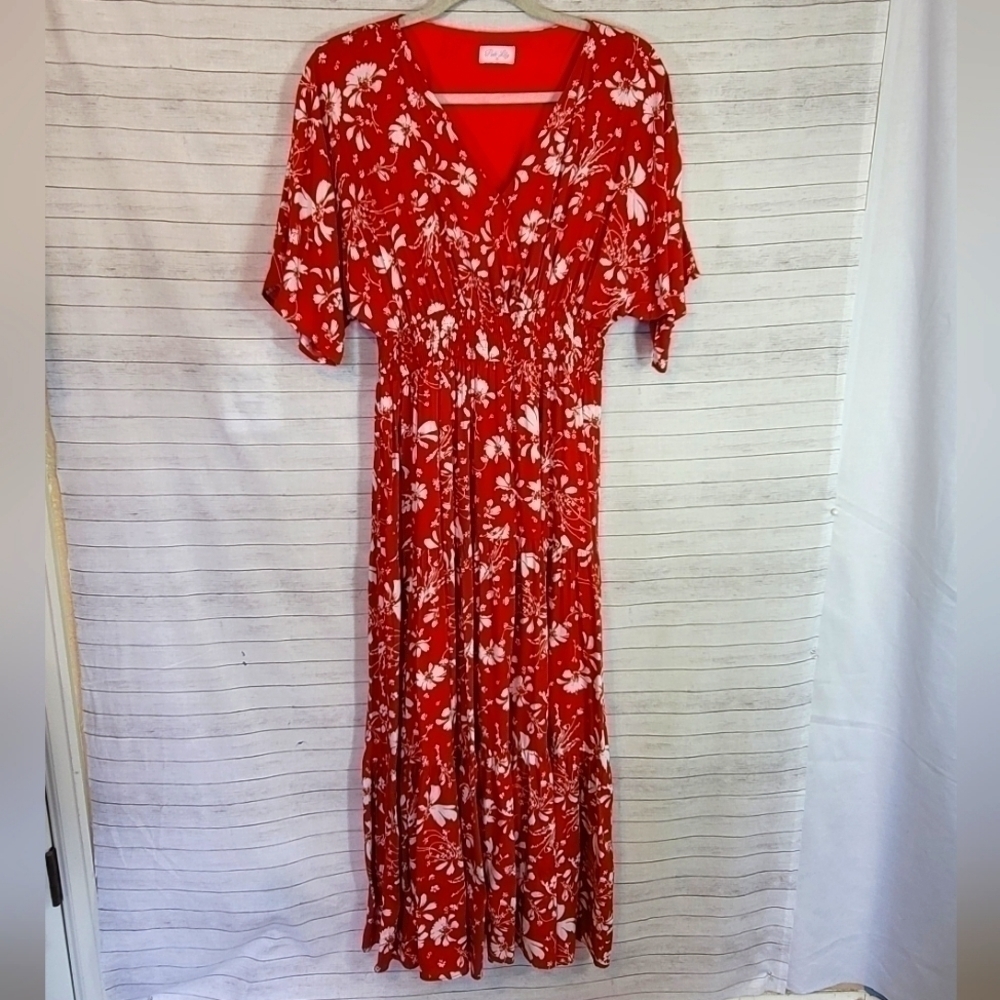 PINK LILY FLORAL V NECK MAXI DRESS IM RED ORANGE, SZ SMALL